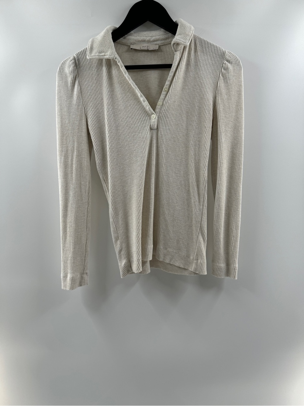 LOFT Petite Ribbed Henley Top Women's Small Petite Cream Long Sleeve